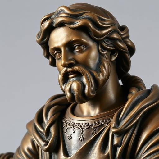 A bronze sculpture of a Renaissance figure, highlighting the intricate details of the artist's craftsmanship and the texture of the metal.