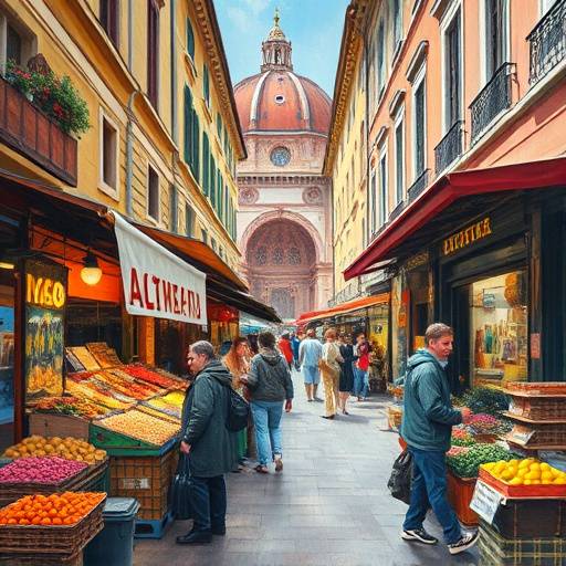 A vivid oil painting capturing the energy of a Florentine street market.