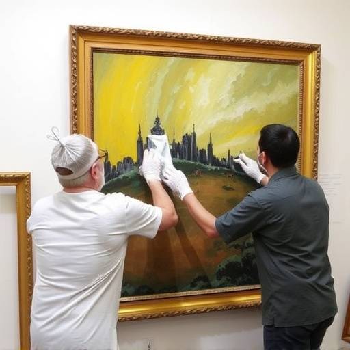 Art conservator carefully cleaning a painting in the Bella Arte Studios workshop