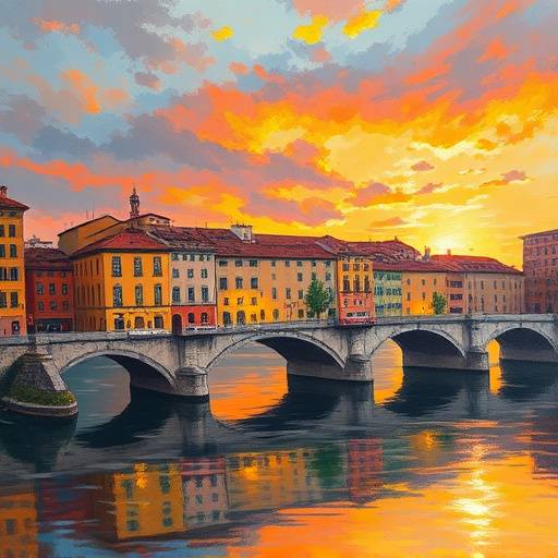 Oil painting of the Ponte Vecchio at sunset
